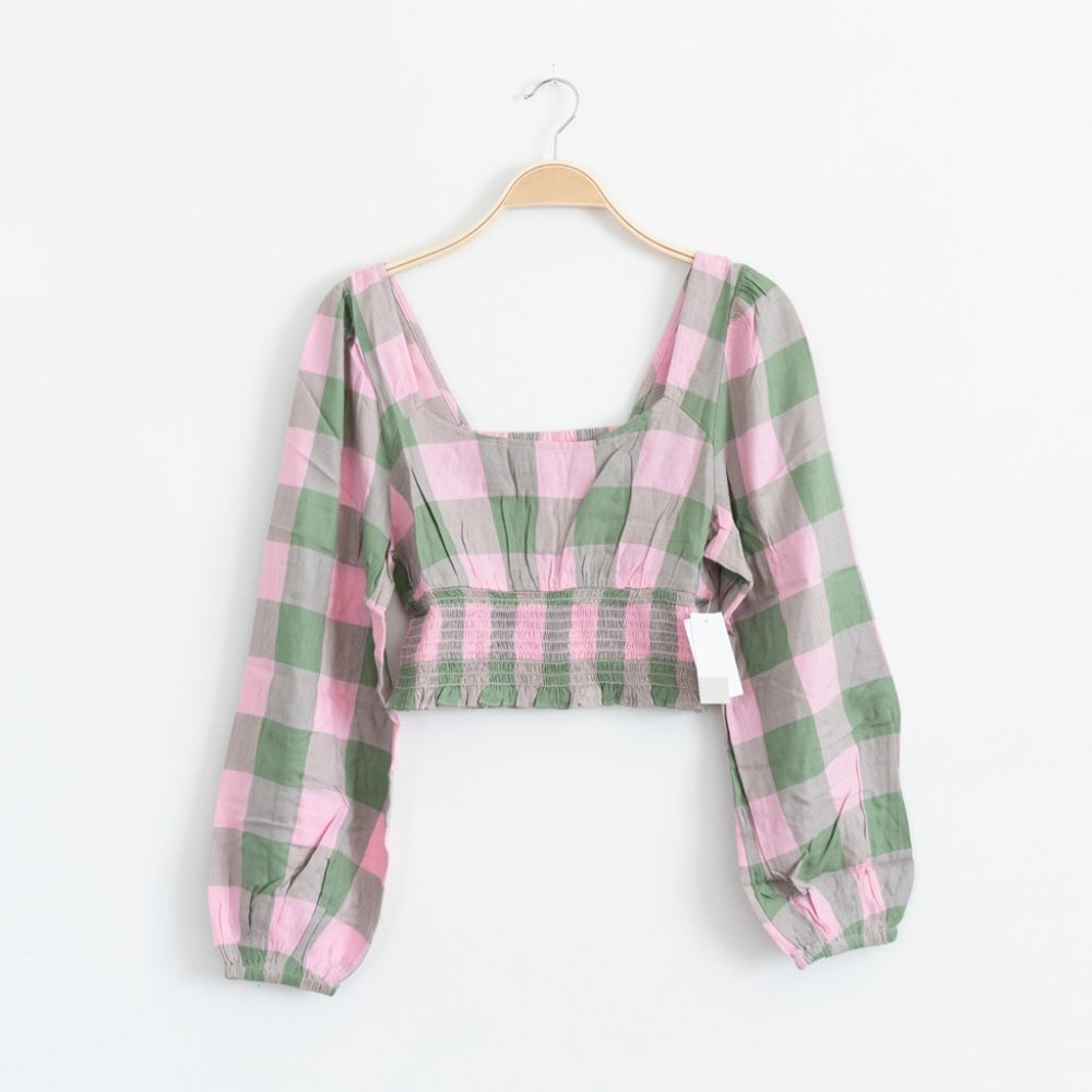 BP Womens Pink Green Buffalo Check Smocked Crop Top Size Medium